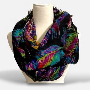 Black Colorful Feather Print Bohemian Whimsical Artsy Infinity Scarf